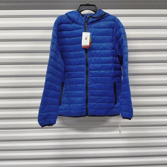 Spyder Mens Large Hooded Jacket Electric Blue Packable ThermoWeb Water Resistant - Picture 2 of 16